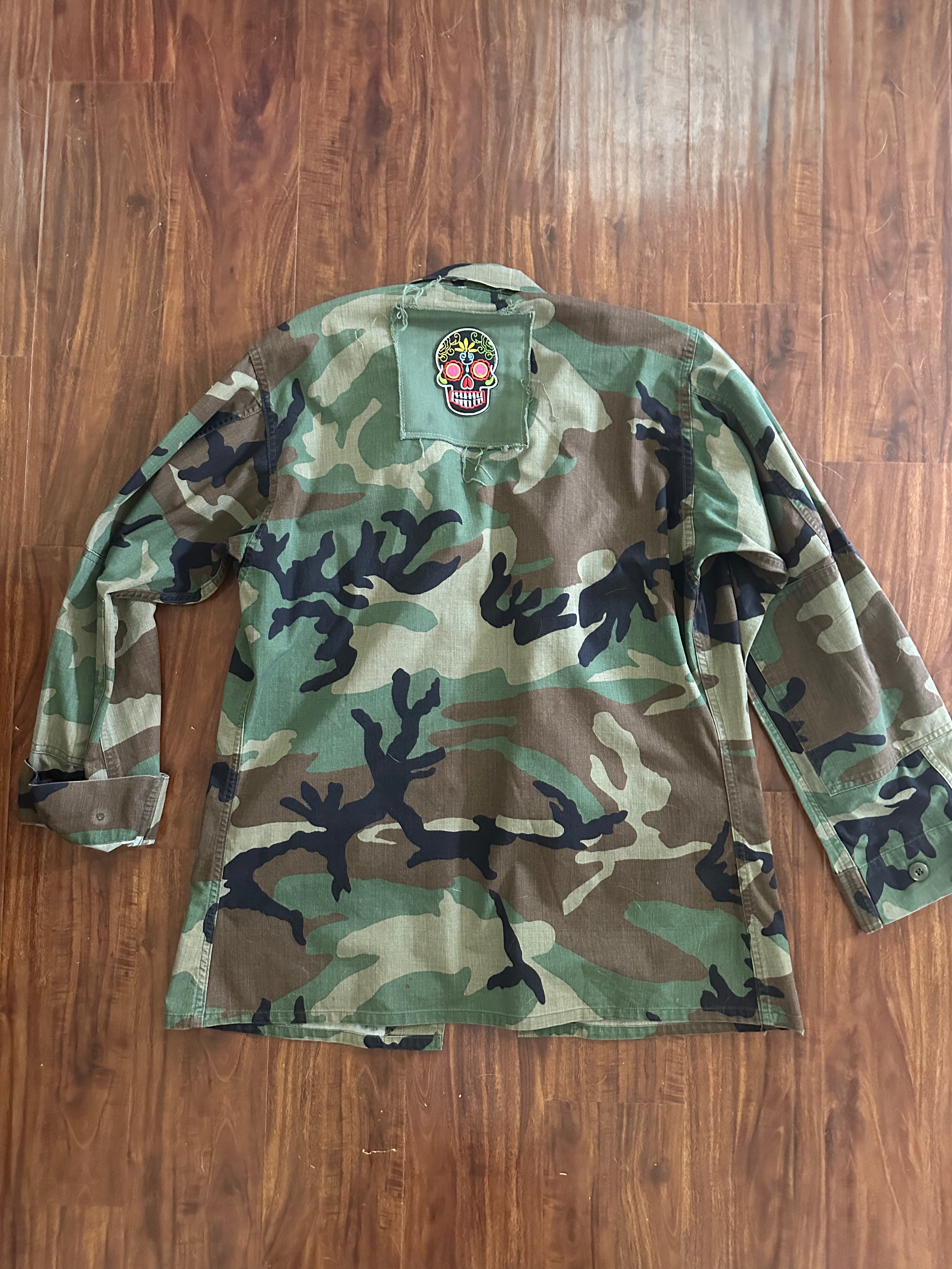 Upcycled Army Jacket with Band Patches — Men's Small