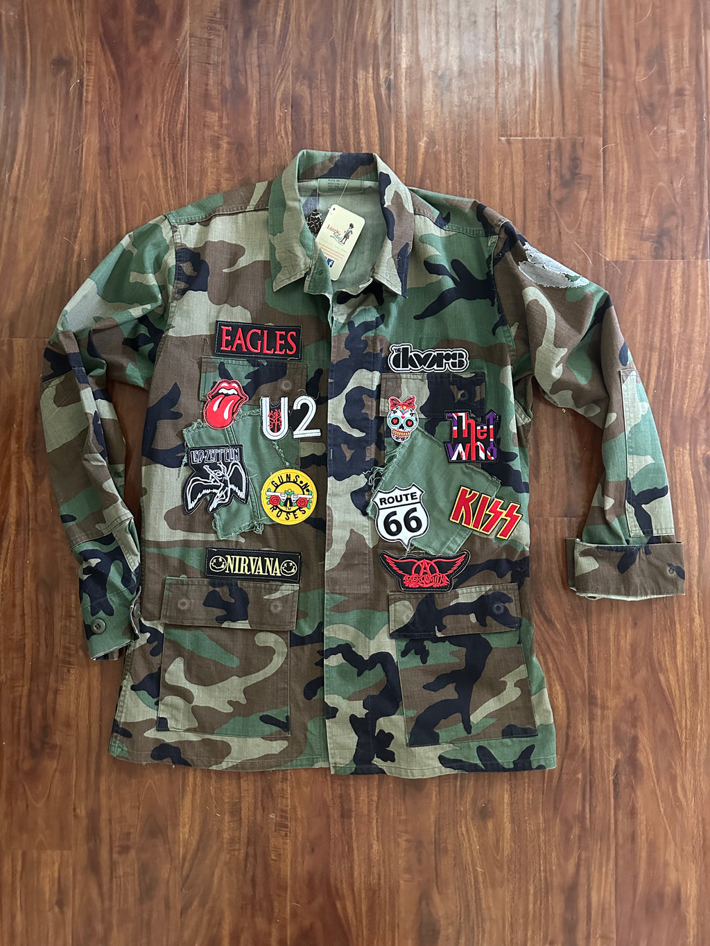 Upcycled Army Jacket with Band Patches — Men's Medium