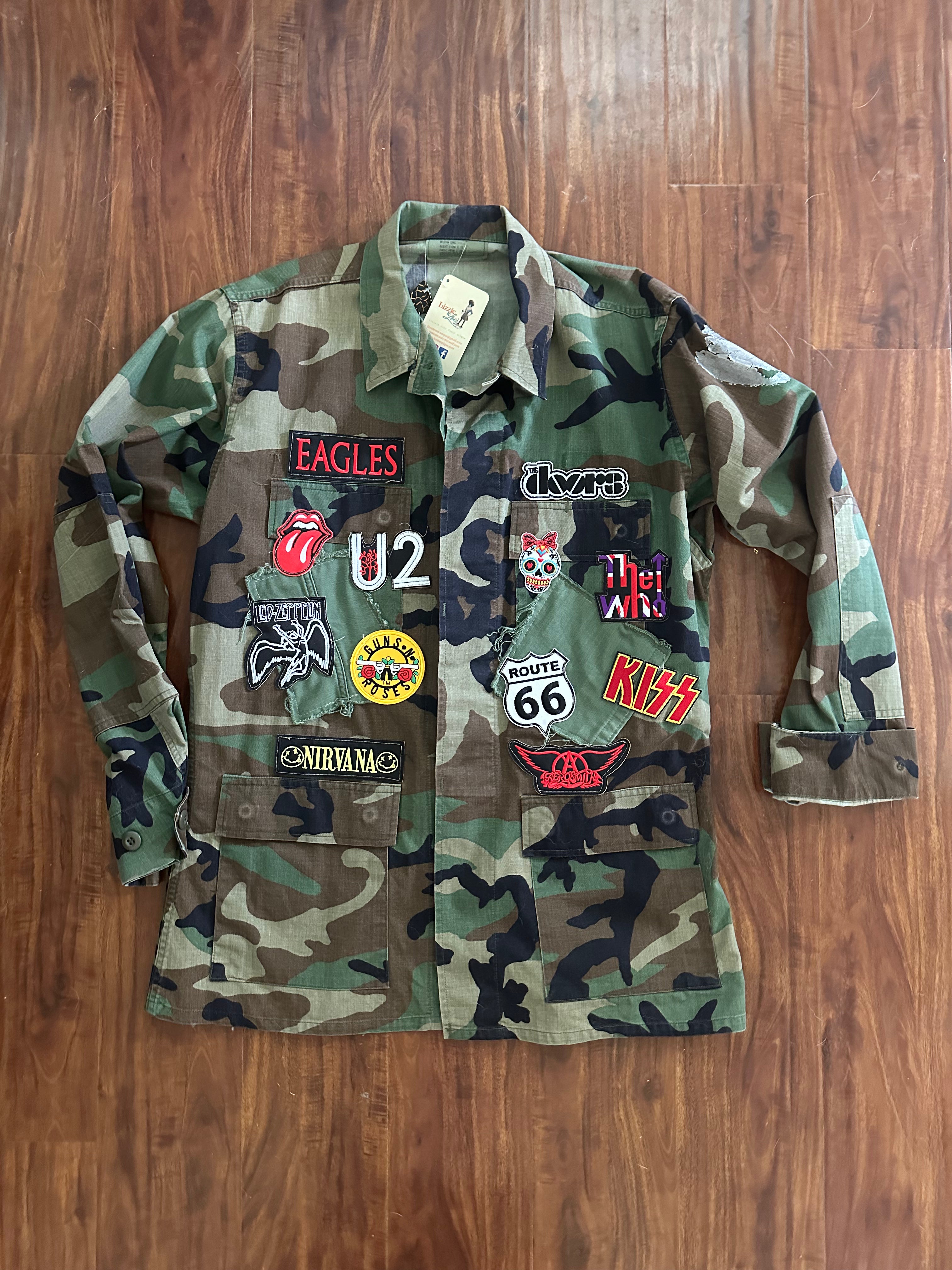 Upcycled Army Jacket with Band Patches — Men's Medium