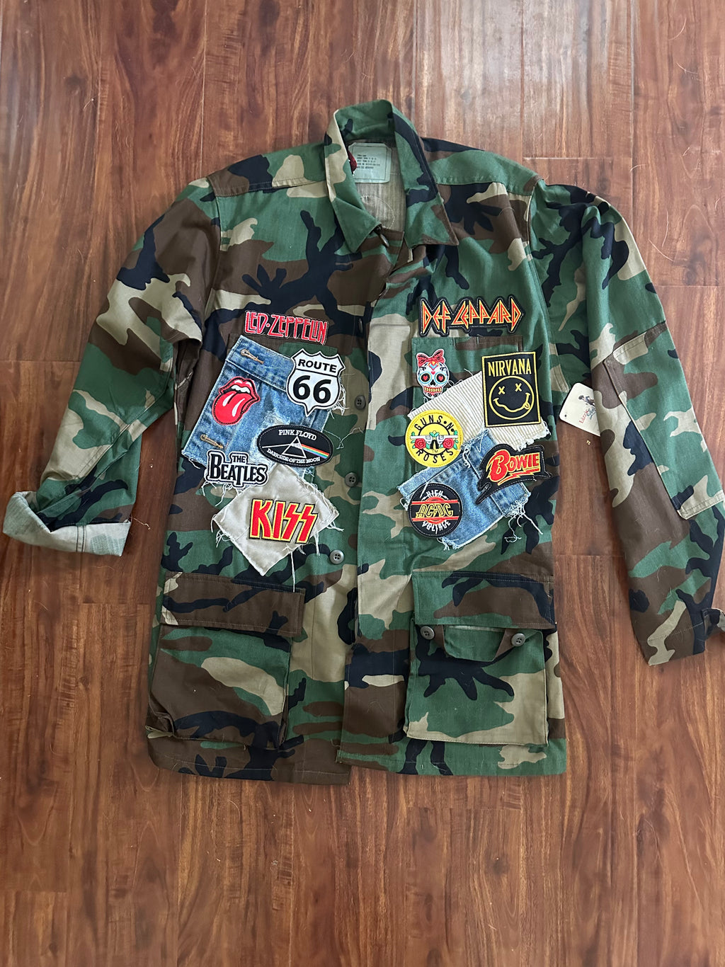 Upcycled Army Jacket with Band Patches — Men's Small