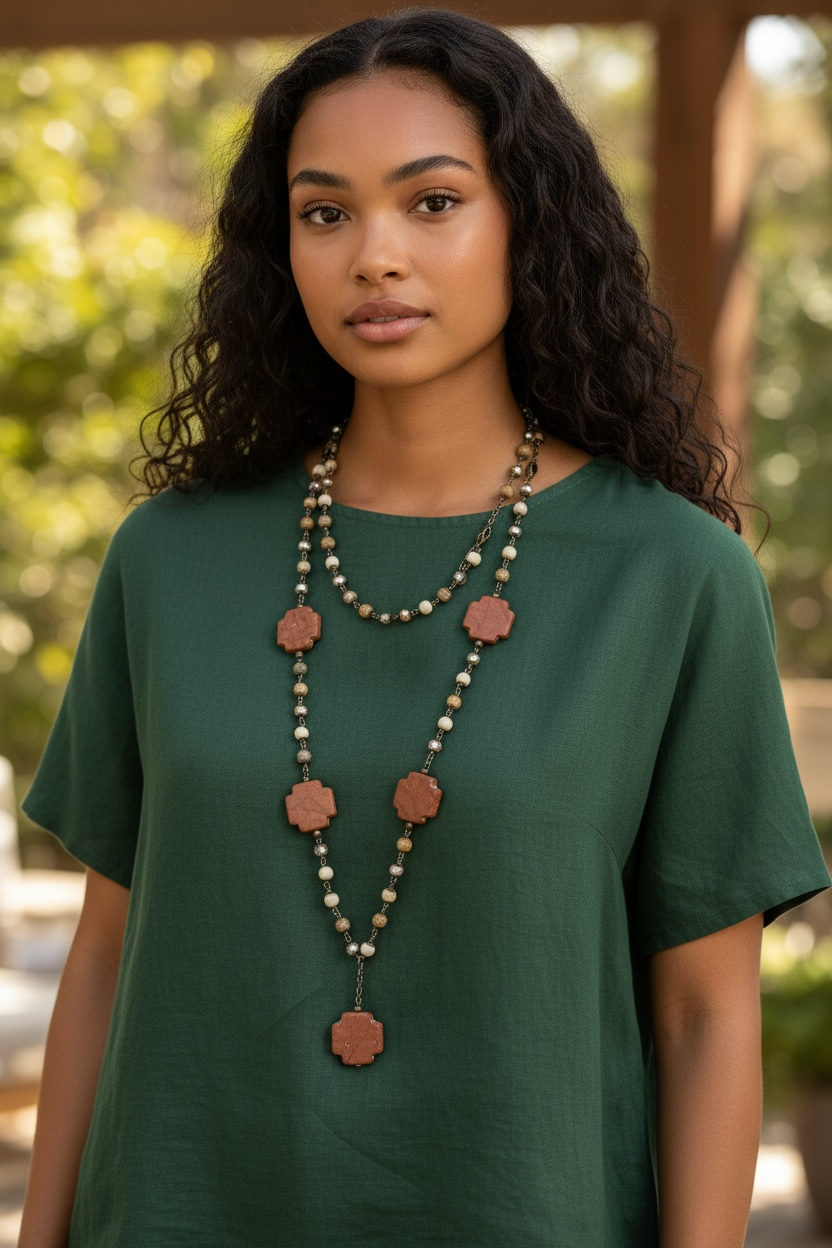 Lizzie's Handmade 2-Strand Earth Tone Crystal & Cross Necklace
