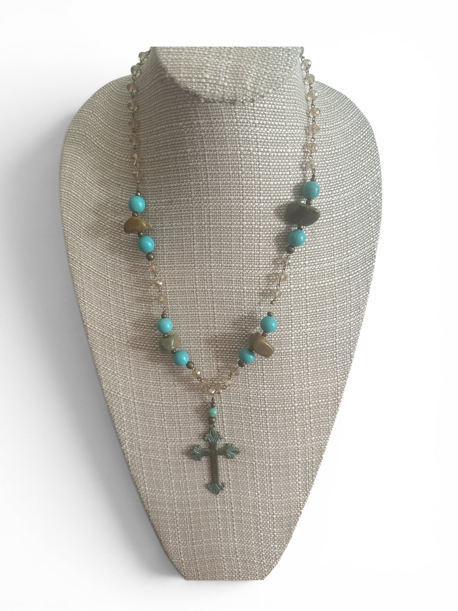 Lizzie's Handmade Turquoise Bead & Patina Cross Necklace