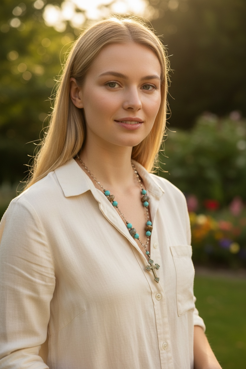Lizzie's Handmade Turquoise Bead & Patina Cross Necklace