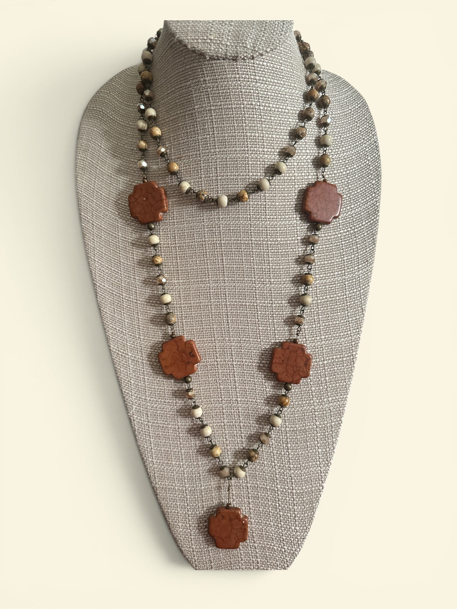 Lizzie's Handmade 2-Strand Earth Tone Crystal & Cross Necklace