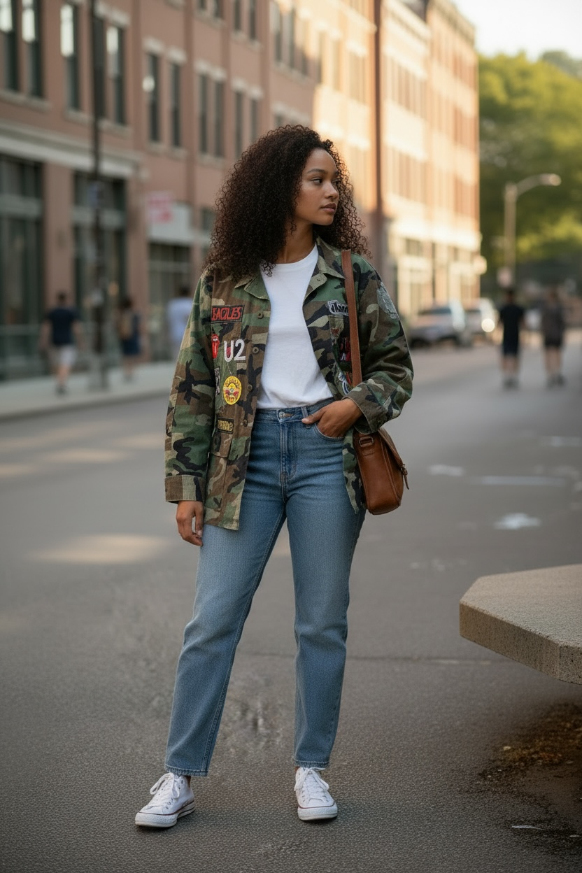 Upcycled Army Jacket with Band Patches — Men's Medium