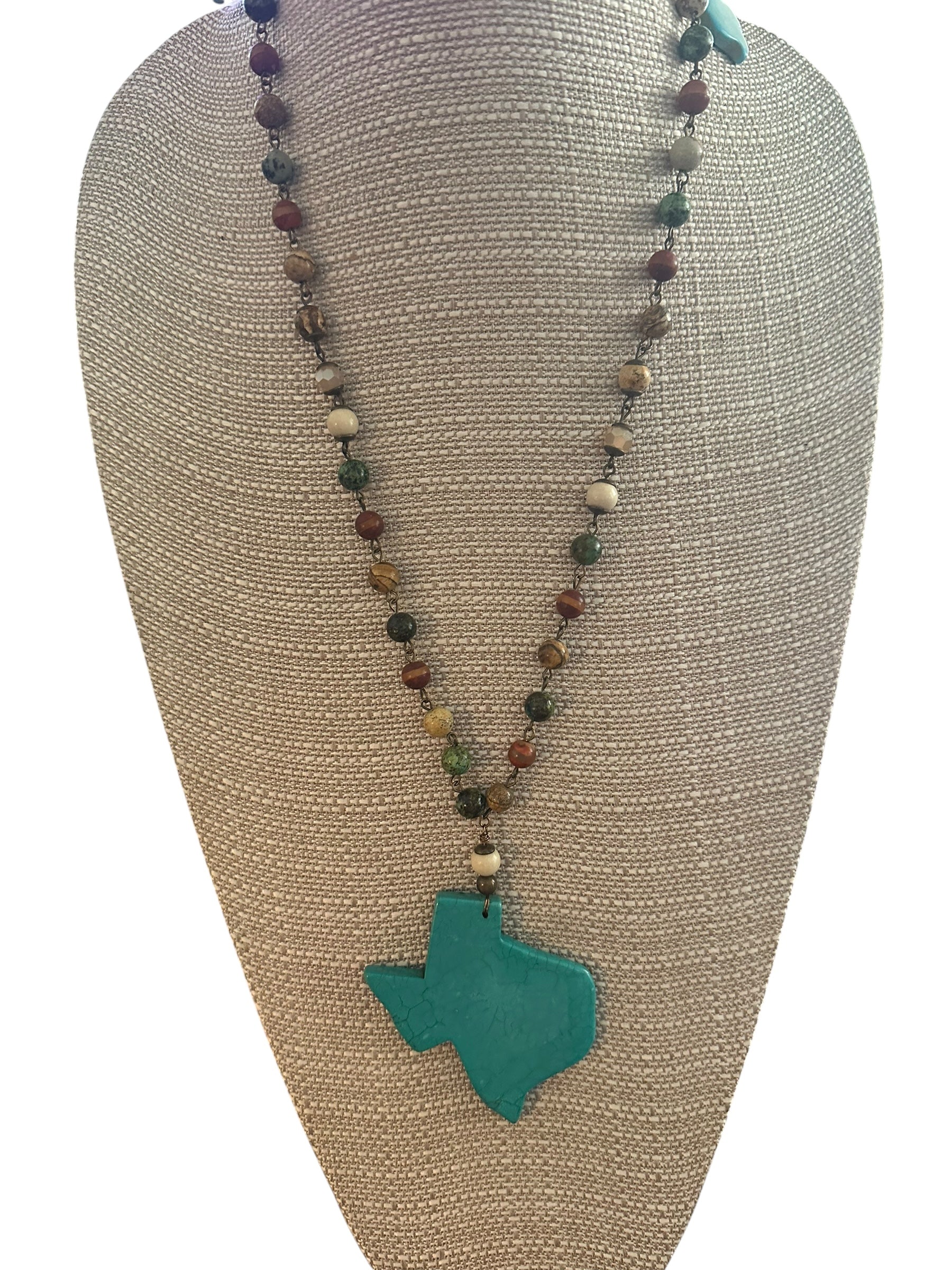 Lizzie's Handmade Turquoise Texas Beaded Brass Necklace & Earring Set